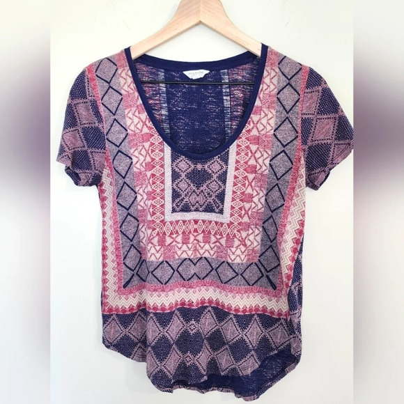 Lucky Brand Women's T-Shirt Size Small Blue Geometric Printed Artsy Boho FLAW - Picture 1 of 5